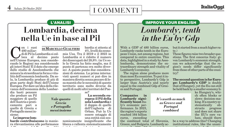 Lombardia decima nella Ue in base al Pil