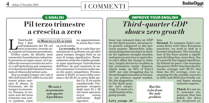 Pil terzo trimestre a crescita a zero